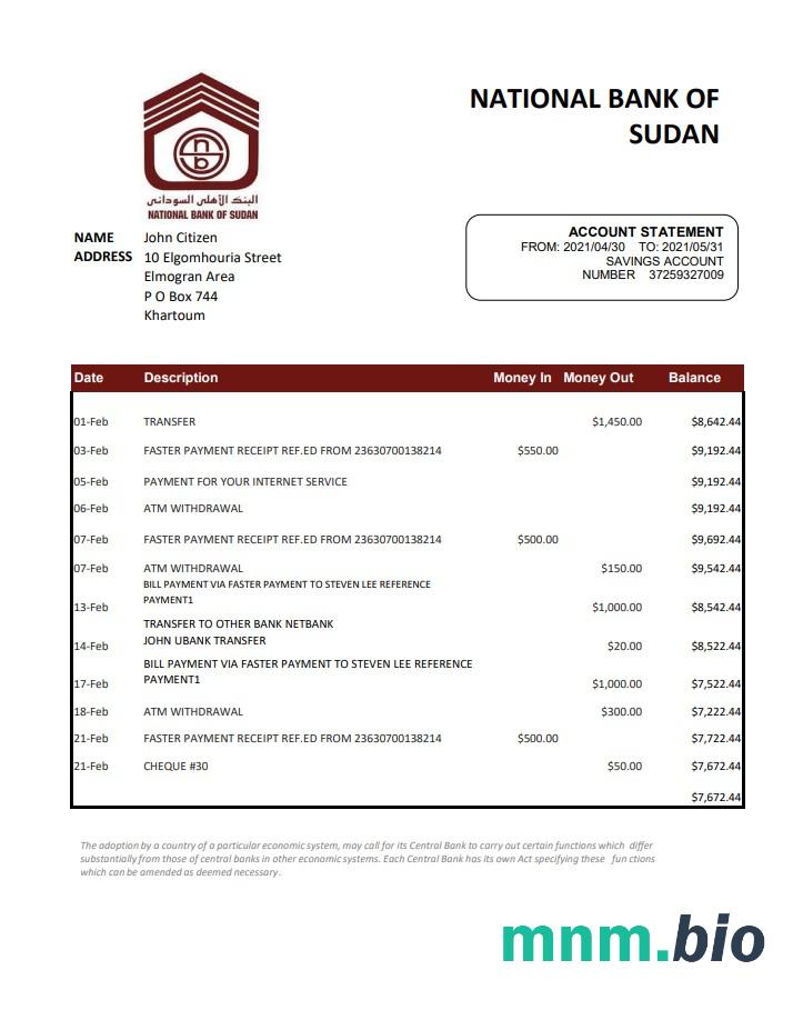 Sudański Narodowy Bank Sudanu szablon wyciągu bankowego w formacie Word i PDF